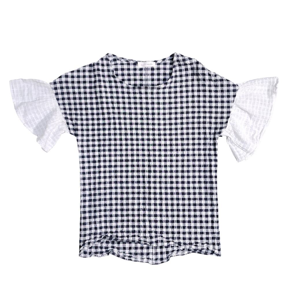 VTG Black White Checkered Gingham Cropped Ruffled Sleeve Top Cotton Cottagecore